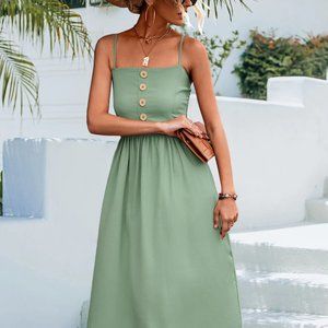 Decorative Button Spaghetti Strap Midi Dress
